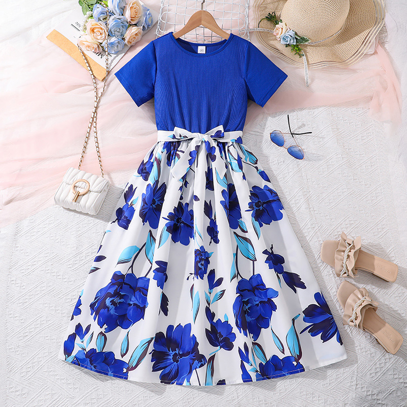 Stylish Solid Bust With Floral Skirt One Piece Skirt For Girls