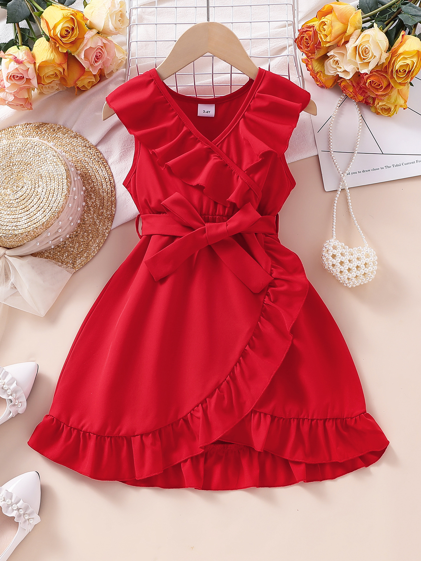 Summer Sleeveless Ruffled Design Red Casual Dress For Girls