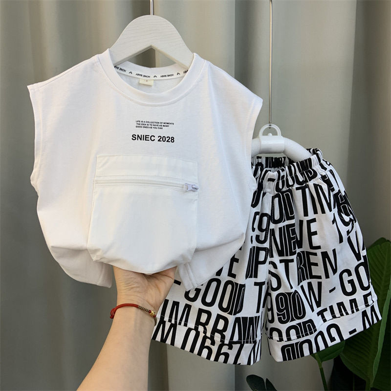Summer Vest T-shirt And Printed Shorts  Set For Boys