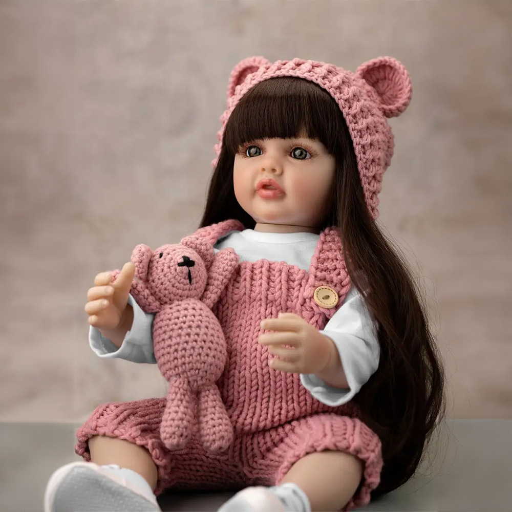 Beautiful Long Hair 55cm Baby Size Silicon Doll With Cap, Diaper, Feeding Bottle, Pacifier, Shoes And Small Teddy