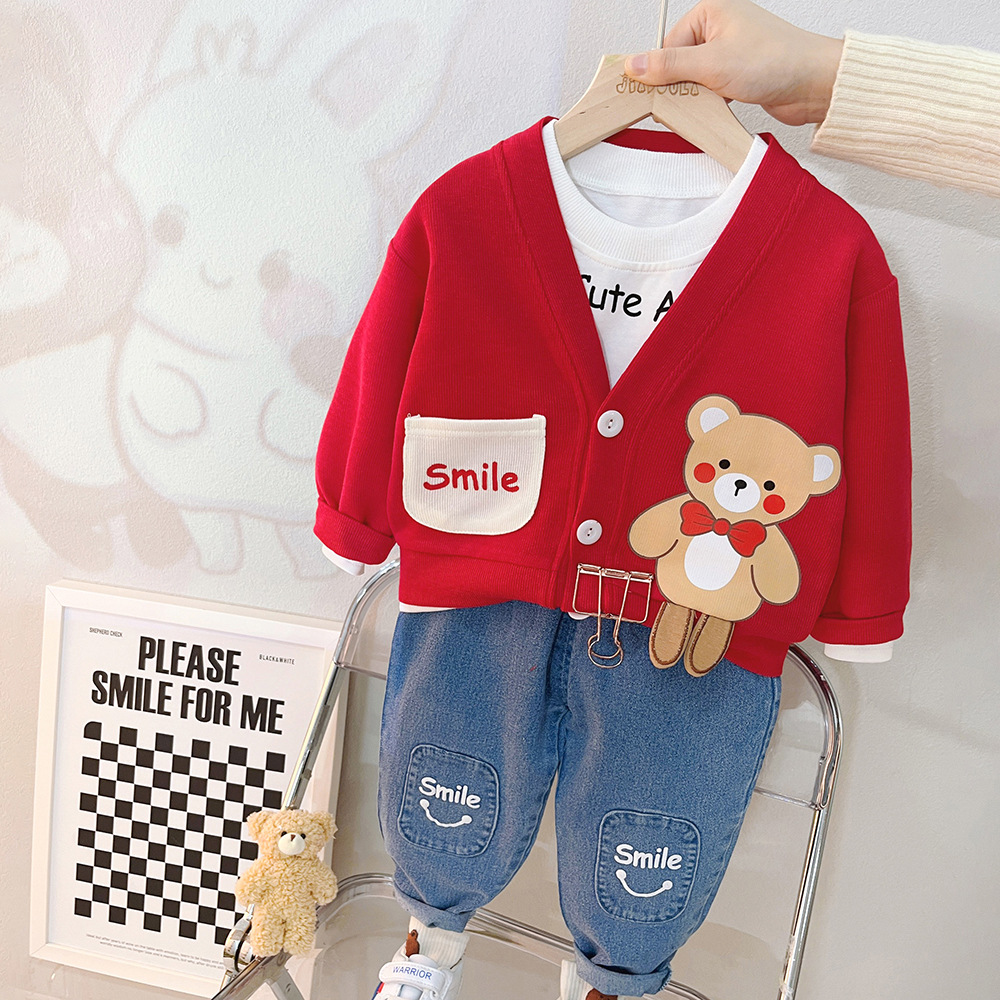 Cartoon Printed Unisex Cute Sweater, Full T-Shirt And Soft Jeans Pants Three Piece Kids Set