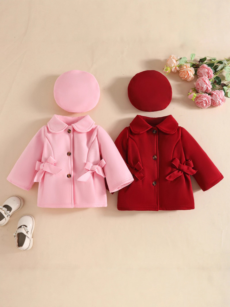 Baby Girl Winter Bow Decorated Coat And Matching Cap