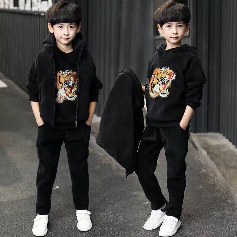 Three Piece Winter Warm Velvet Set With Tiger Print For Boys