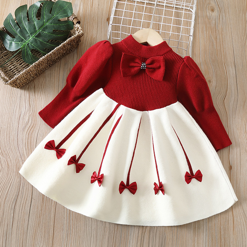 Winter Woolen Knitted Warm Princess Birthday/Party Dress With Stylish Bow Design For Girls