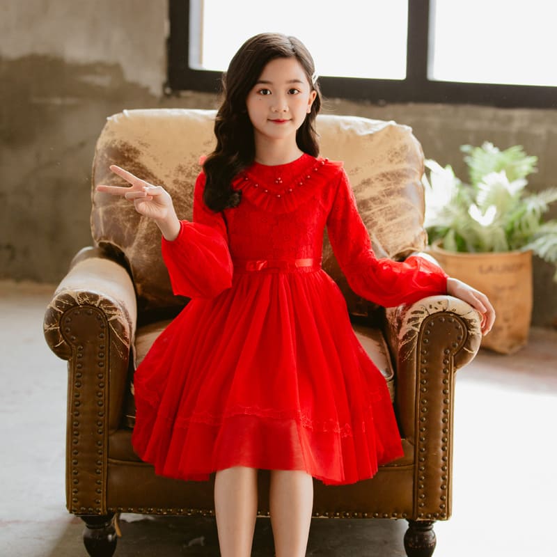 Full Sleeve Red Summer Party/Birthday Net Dress For Girls