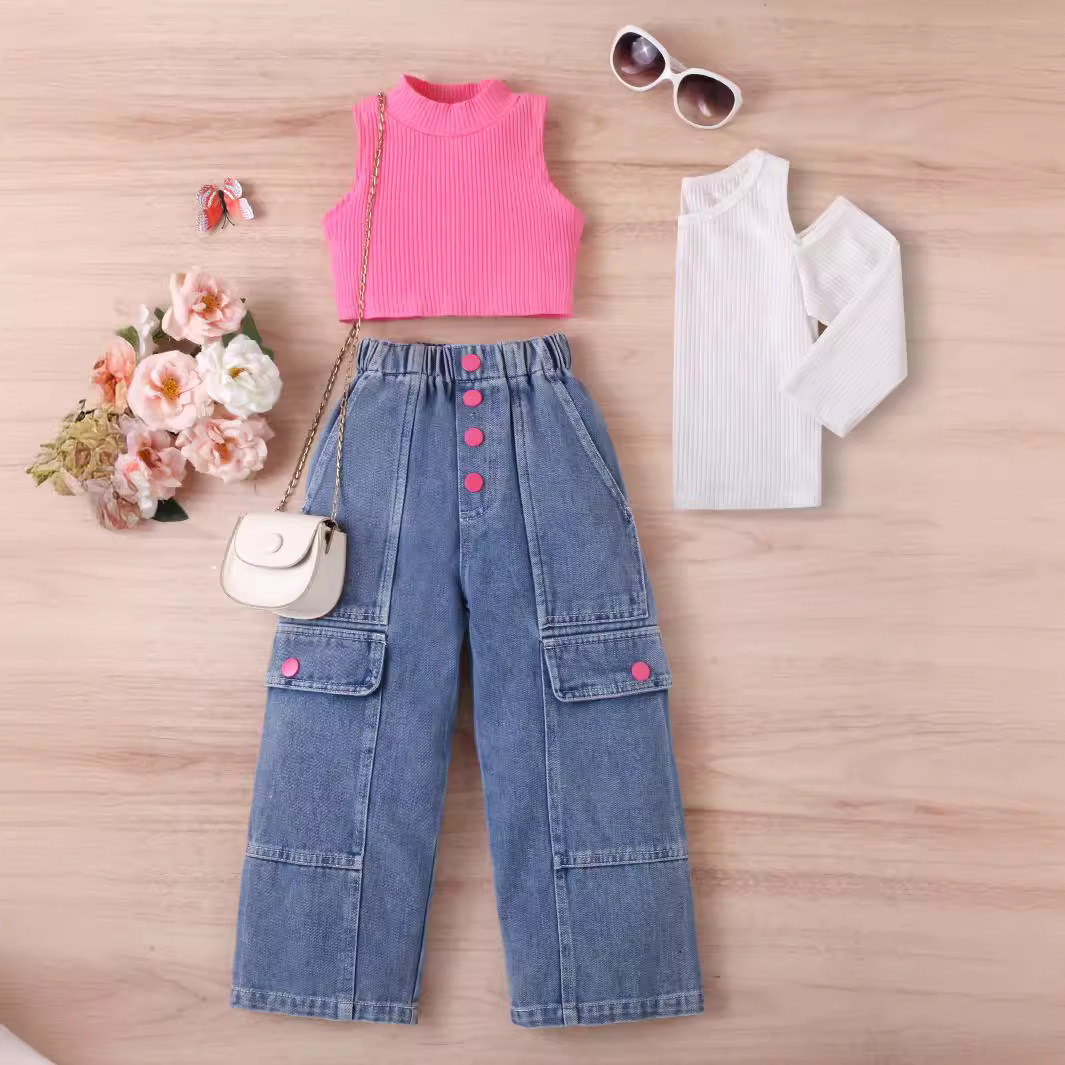 Stylish Sleeveless Crop Top And Jeans Box Pants Set For Girls