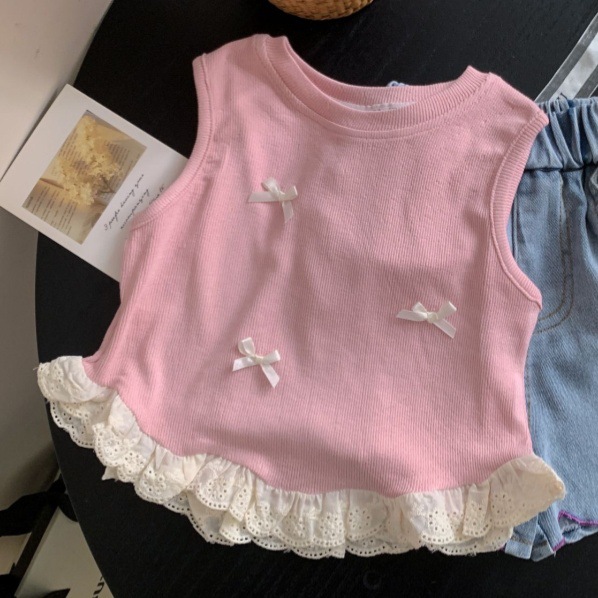 Korean Style Summer Vest for baby girl – Sweet Patchwork Lace Bow Sleeveless Top