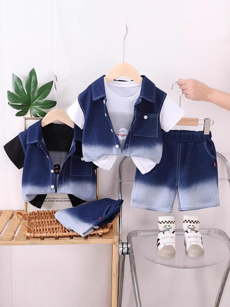 Trendy Half Sleeve Three Piece Jeans Style Set For Boys