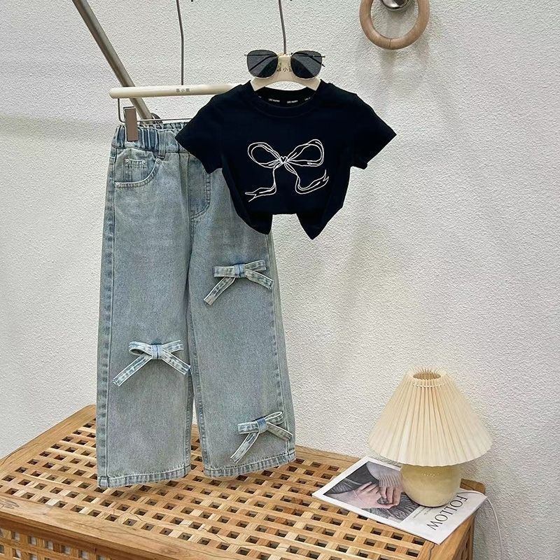 Trendy Half T-shirt And Denim Pants With Bow Design For Girls