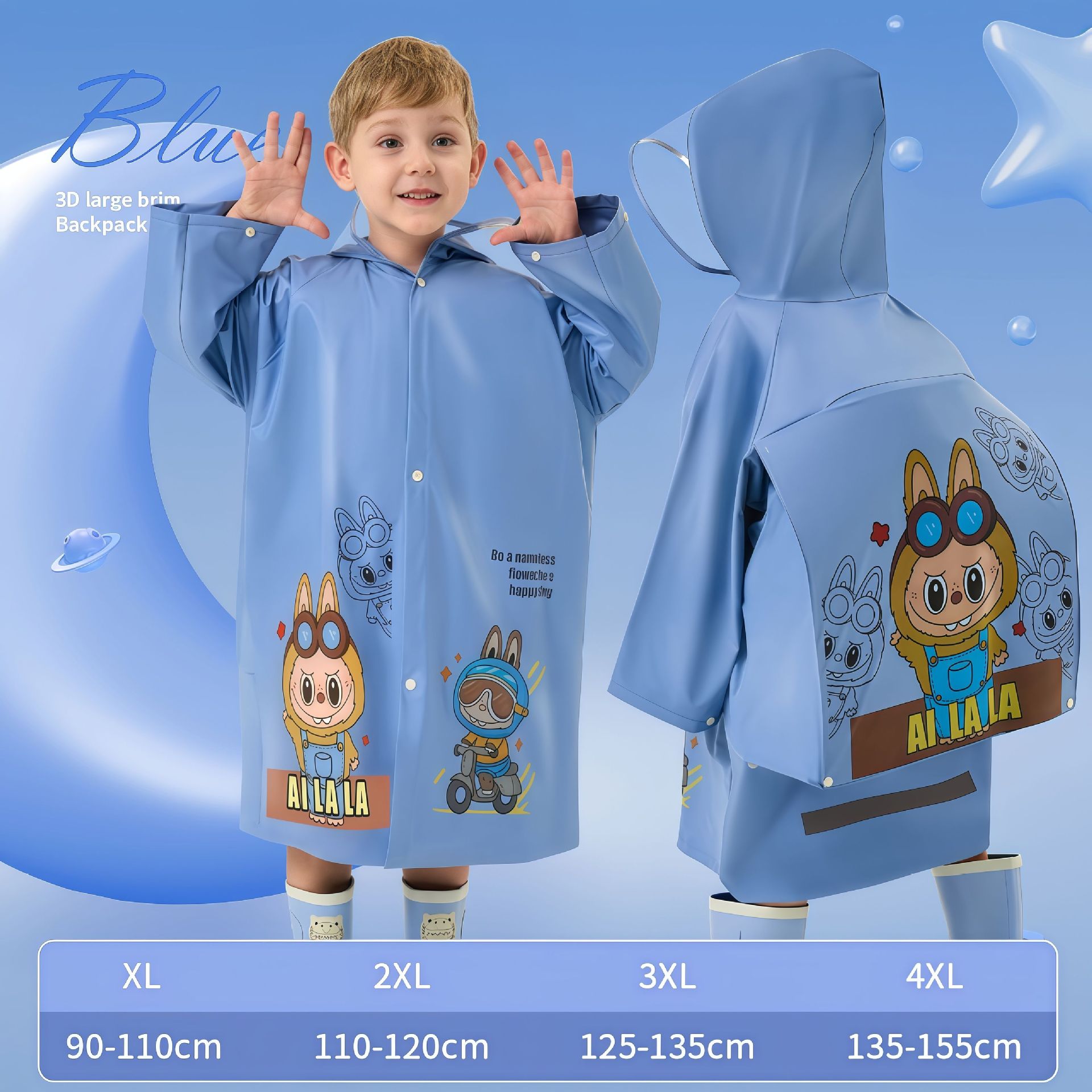 Cartoon Printed Raincoat With School Bag Space And Visor Cap For Kids