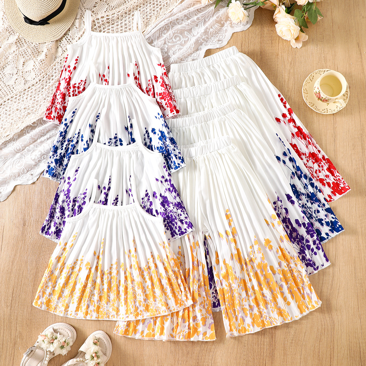 Girls Summer Fresh Gradient Camisole Top And Pleated Pants Cool Two-Piece Set