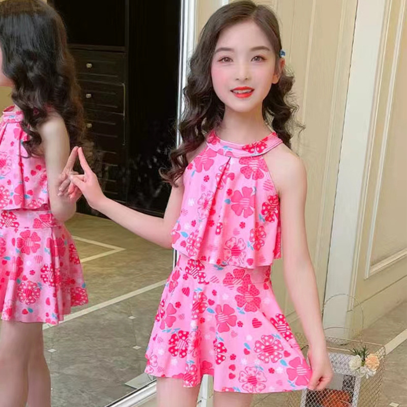 Stylish Pink Skirt Style Swimsuit With Boxer Shorts For Girls