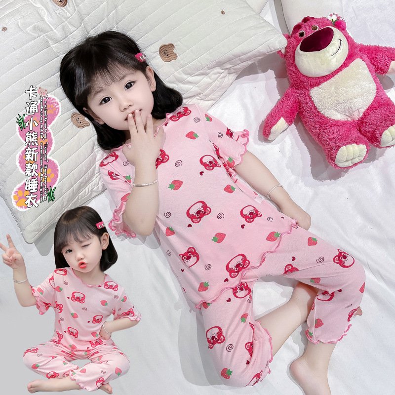 Cartoon Printed Summer Ice Silk Quarter Trousers Pajama Set For Girls