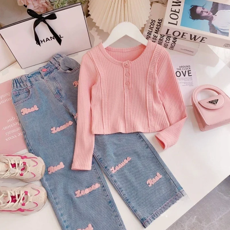 Full Sleeve Pink T-Shirt And Matching Soft Jeans Pants Set For Girls