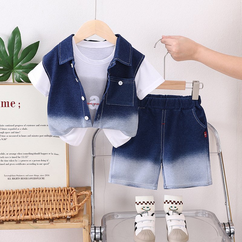 Trendy Short Sleeve Three Piece Jeans Style Set For Boys