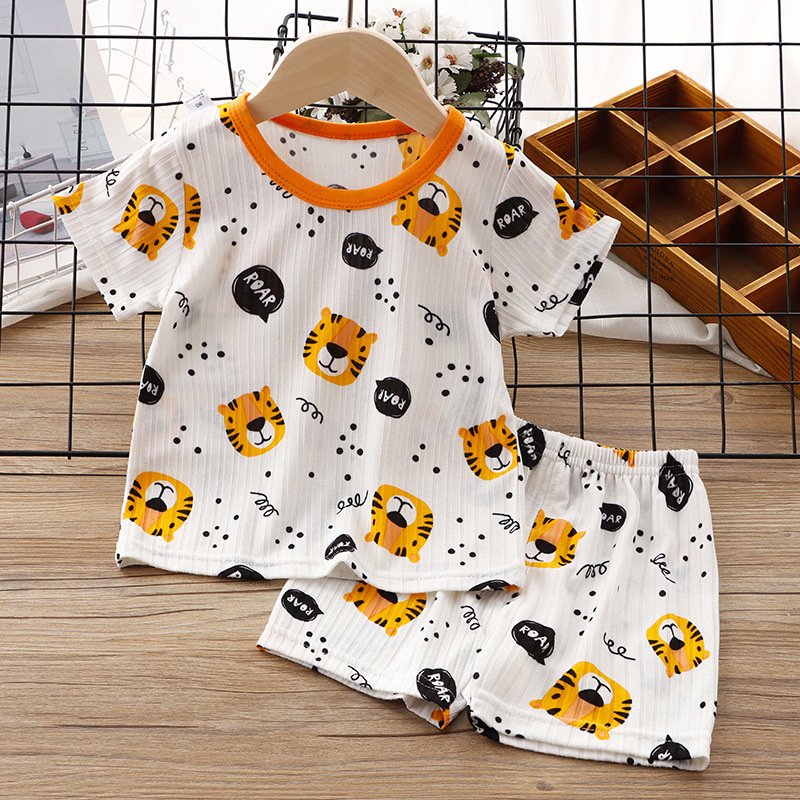 Unisex Cartoon Printed Summer Ice Silk Half Sleeve Pajama Set 