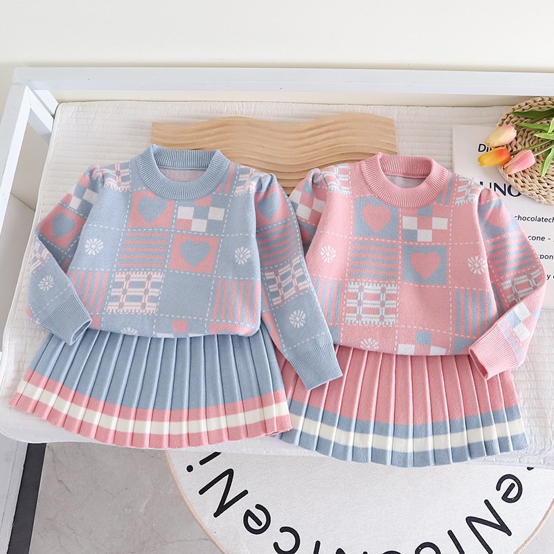 Girl Stylish Woolen Round Neck Sweater And Skirt Set For Winter