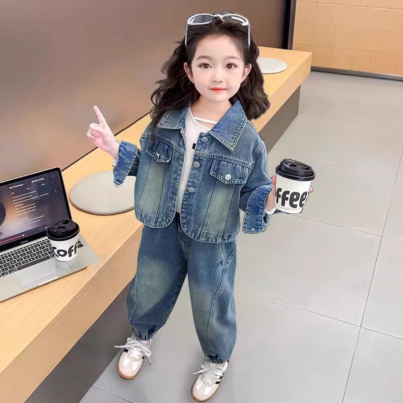 Girls Stylish Denim Jacket And Pants Set