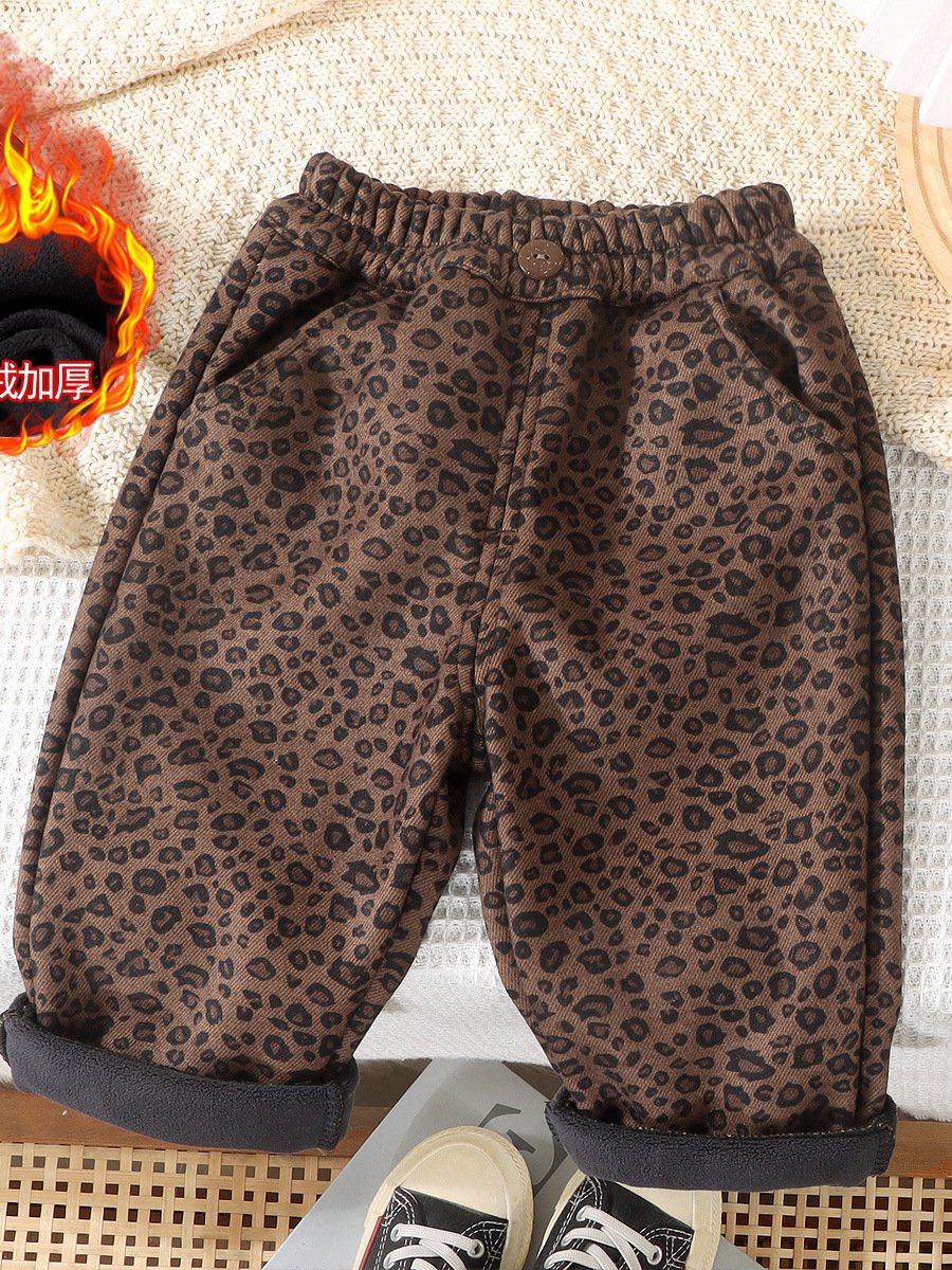 Kids Leopard Printed Fleece Lined Pants For Winter